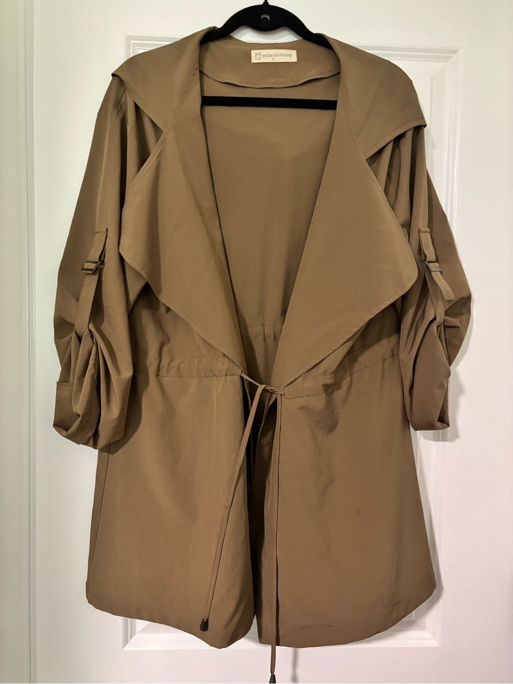 PPLA Khaki Draped Trench with Tie Waist and Roll-Tab Sleeves